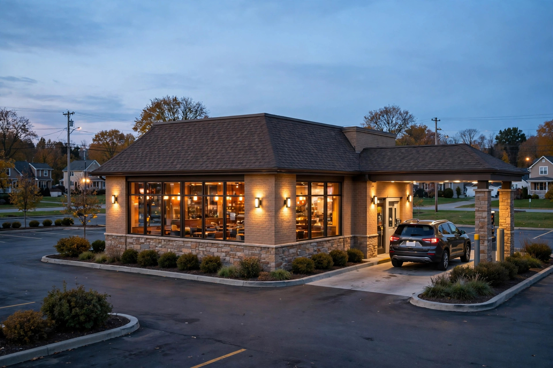 Editorial illustration: a fast-food restaurant exterior at dusk with warm lights and a car at the drive-thru