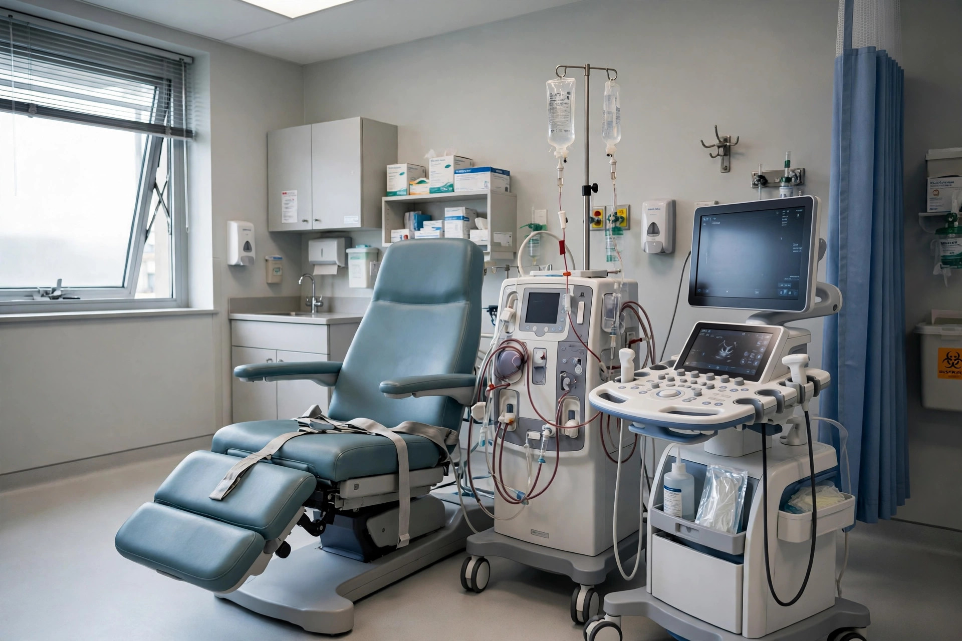 Editorial illustration: a dialysis treatment room with a modern ultrasound-guided device