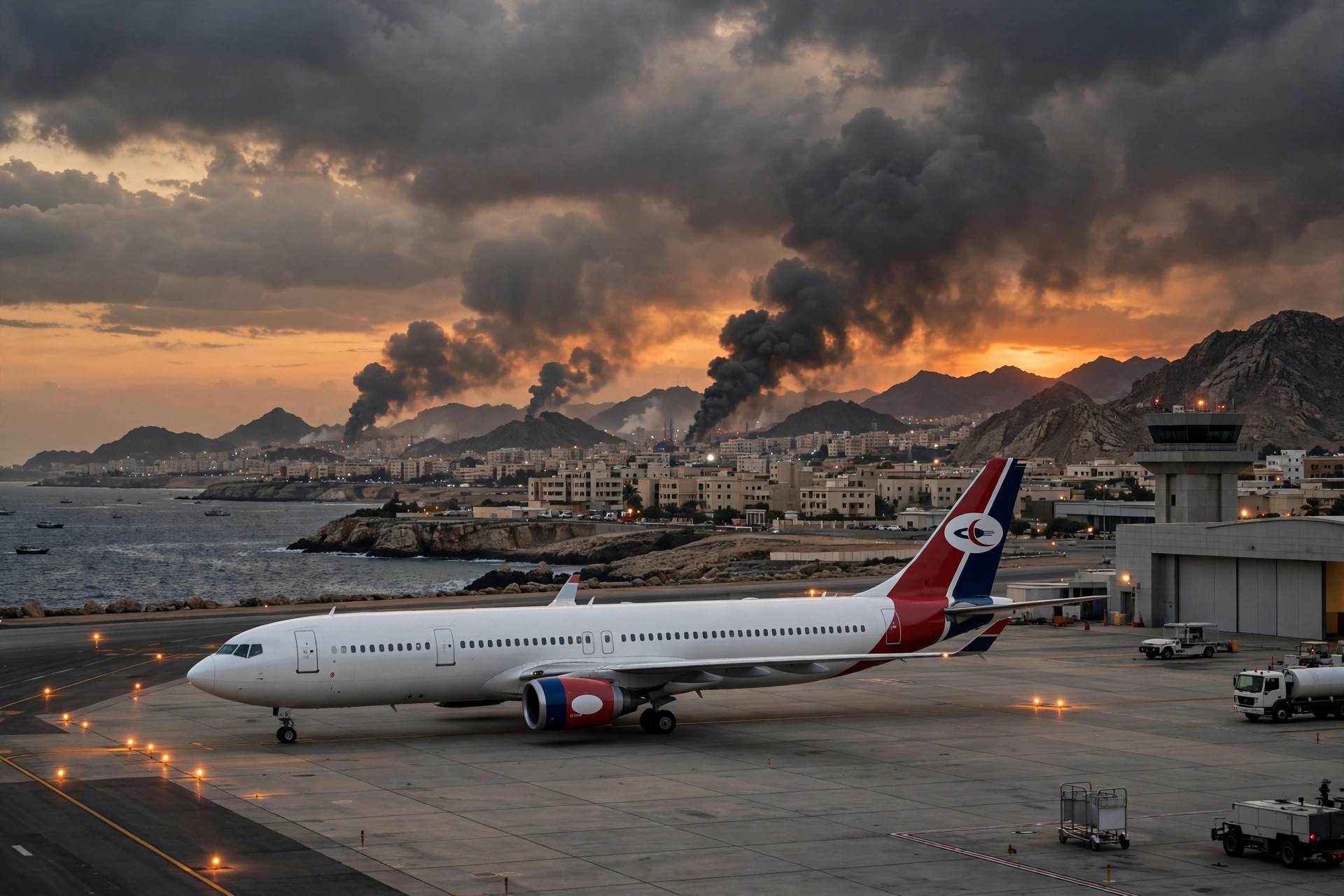 Editorial illustration: an airport tarmac at dusk with smoke rising over a coastal Yemeni city