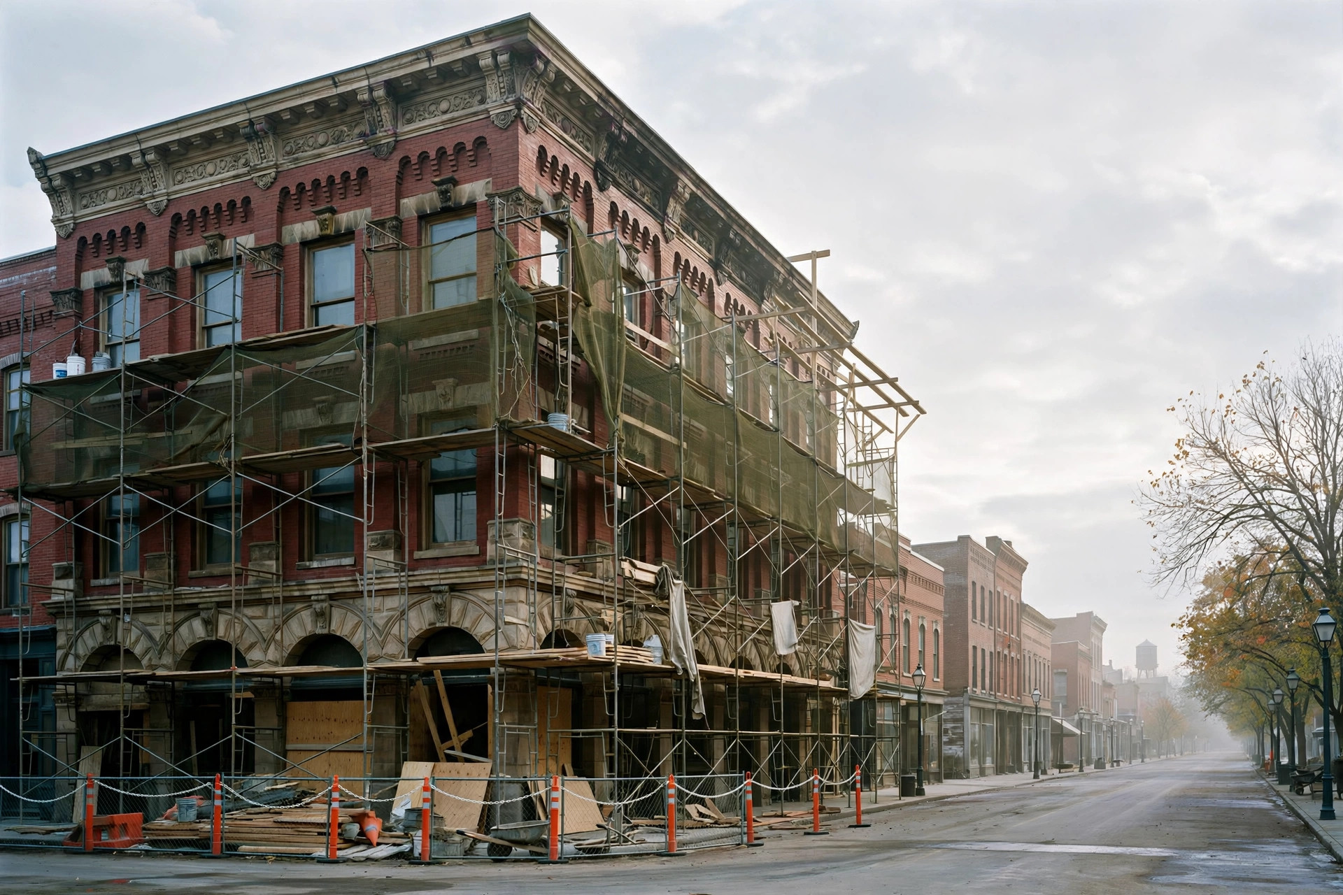 Editorial illustration: a historic downtown department store building with renovation scaffolding on a main street