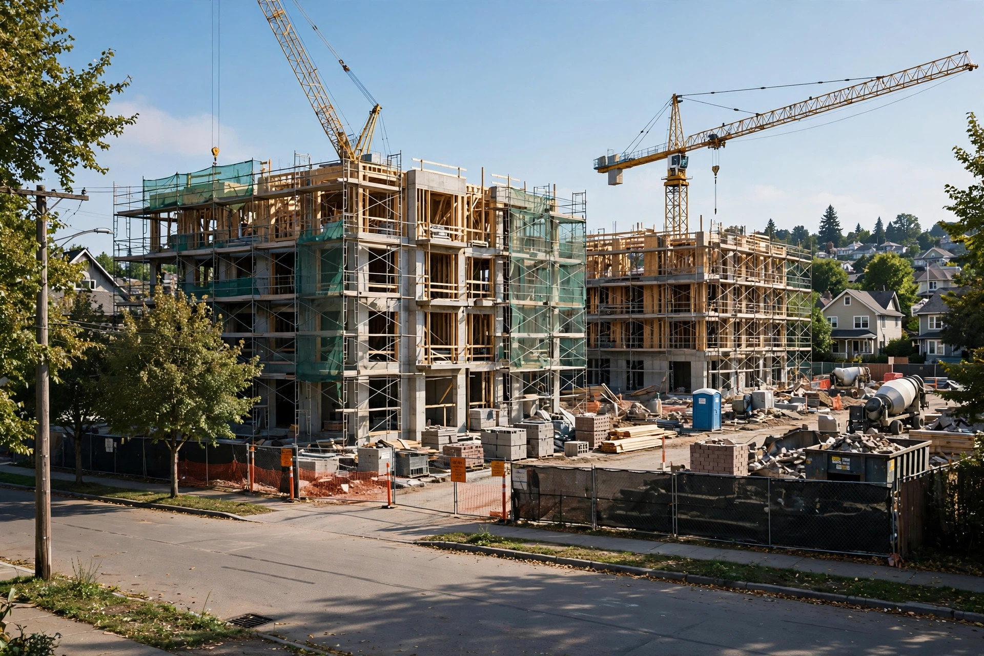 Editorial illustration: a construction site for new three-story apartment buildings with cranes and scaffolding on a sunny day