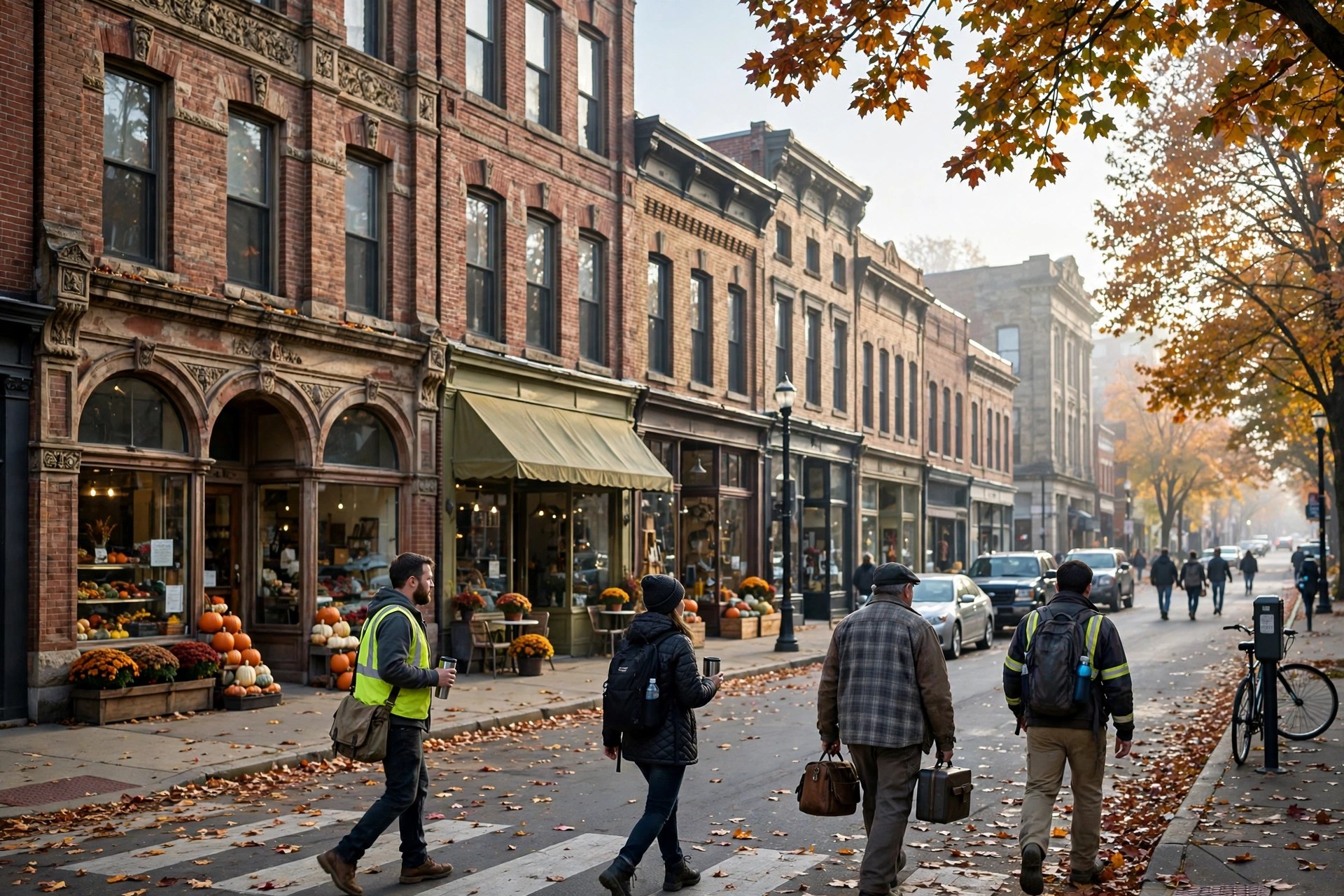 Editorial illustration: workers walking to jobs on a downtown Youngstown street in the morning