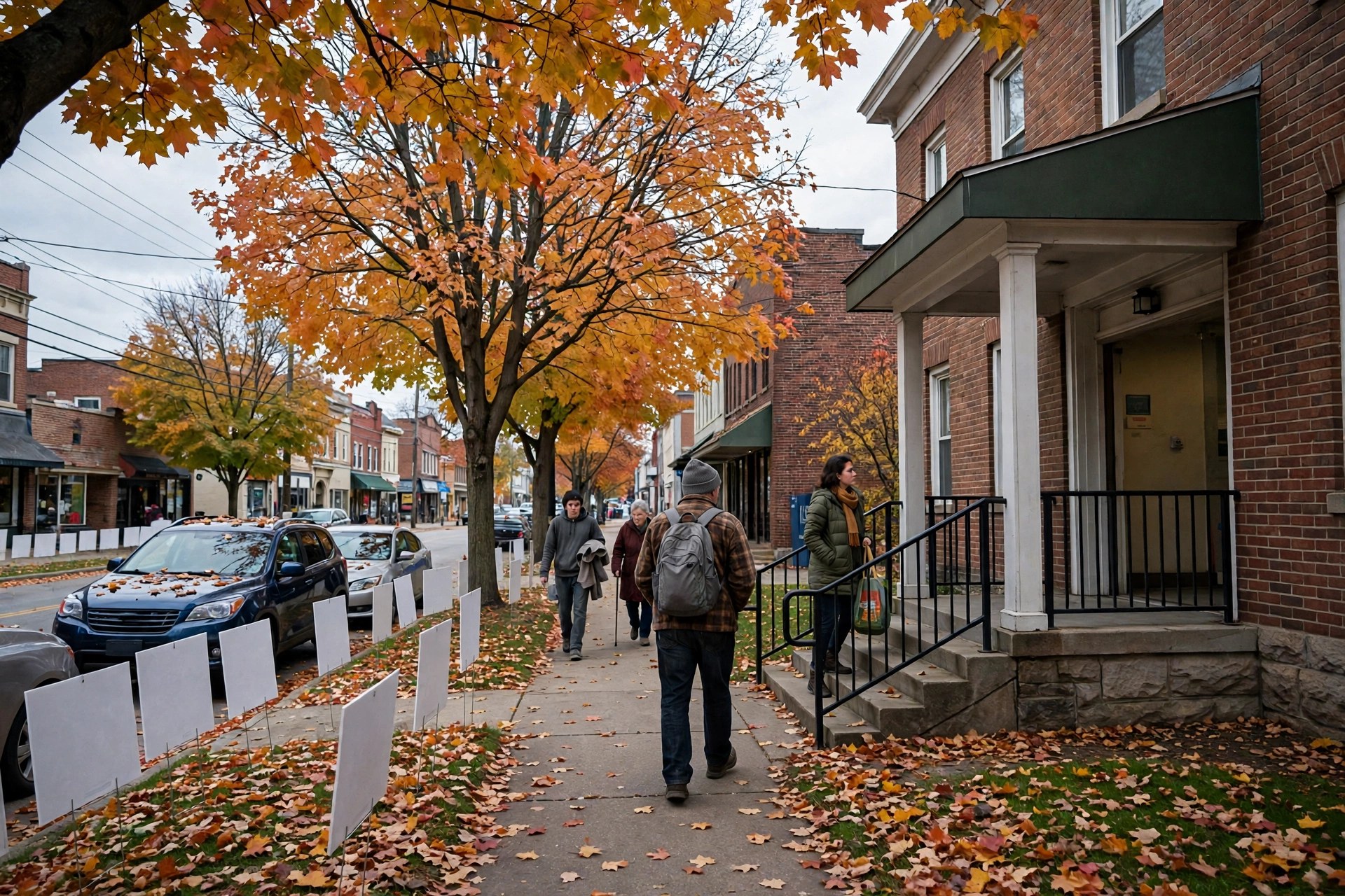 Editorial illustration: an Ohio polling place entrance on an autumn day with voters walking in